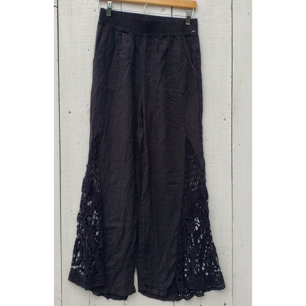 XCVI Ismay Women's Black Crochet LINEN Wide Leg Flowy Waist Pants Sz M - Picture 2 of 11